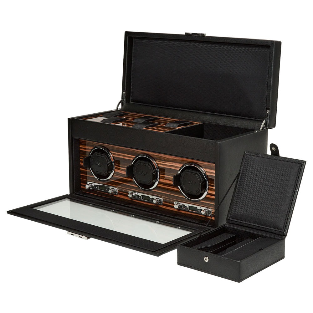 The Roadster Collection from WOLF is the hallmark of discerning taste. Each of our Roadster watch winders comes encased in a pebble finish faux leather exterior and a classic wood veneer dashboard inspired exotic wood frame.